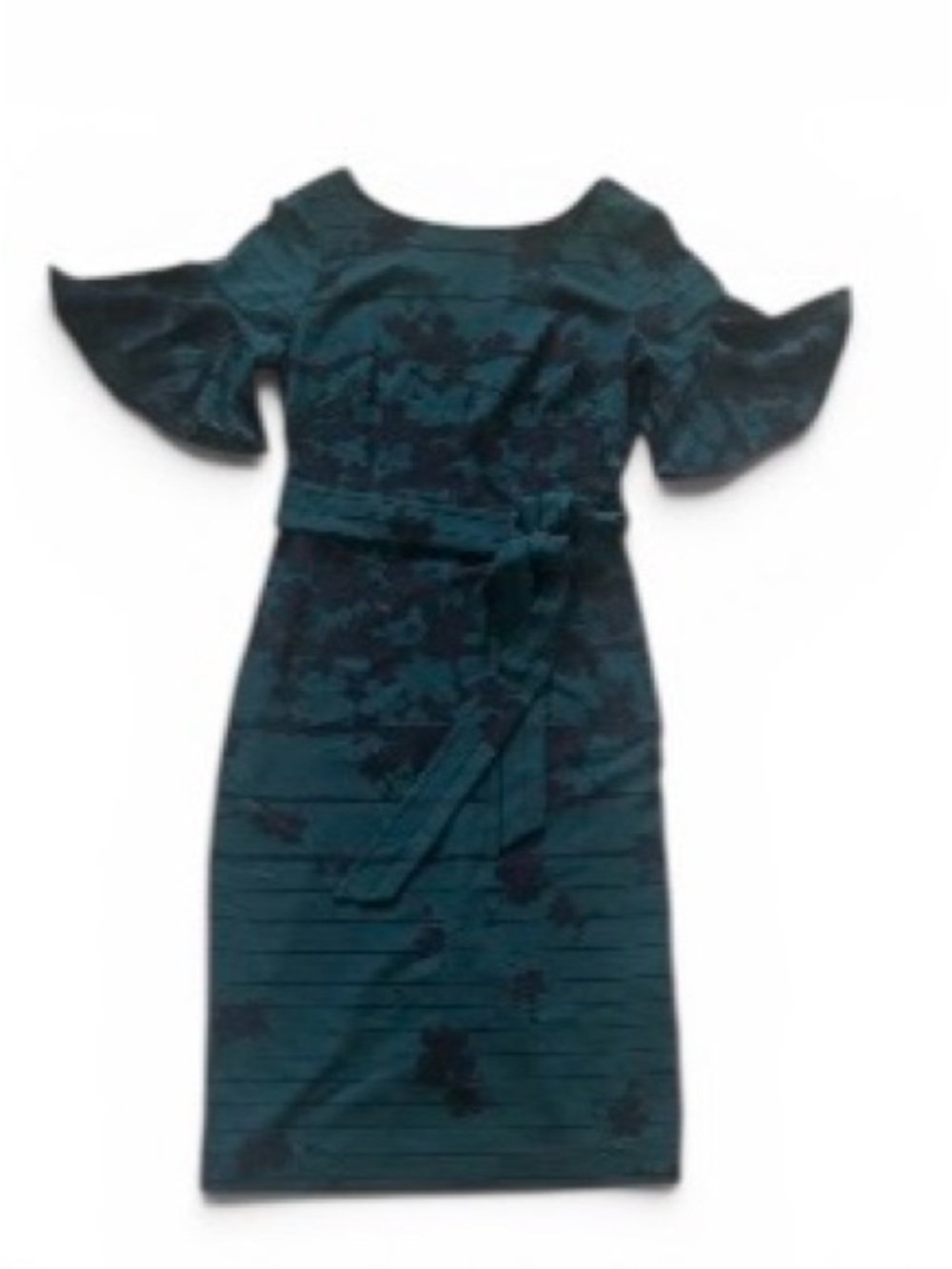 Gabby Skye Green and Black Floral and Striped Belted Dress